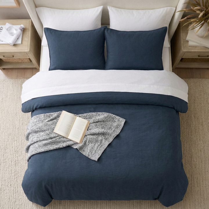 Top-down view of the serene midnight slate blue bedding ensemble with naturally textured finish - DAUAOTO