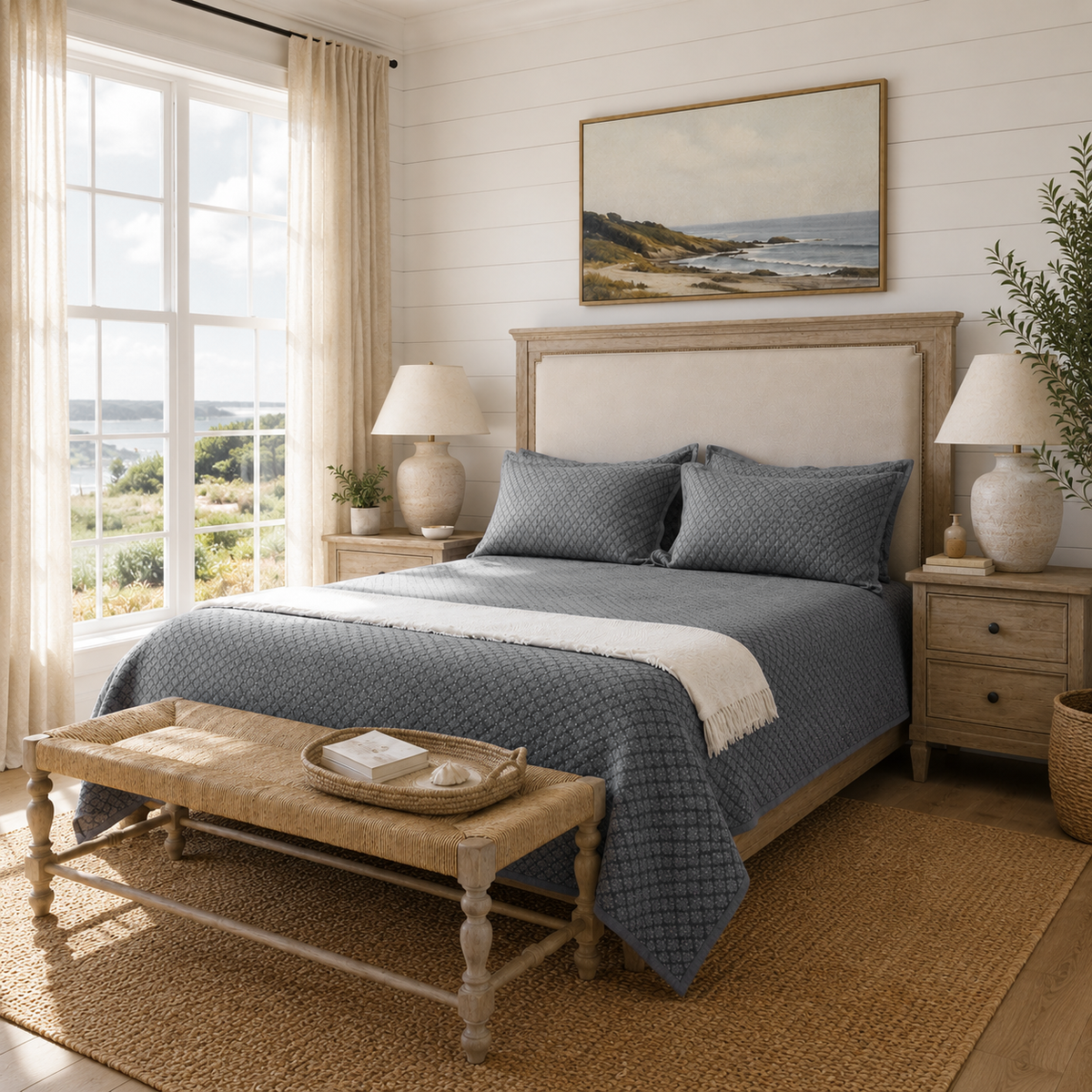 Slate blue heavyweight washed cotton diamond jacquard coverlet set styled in a warm modern bedroom