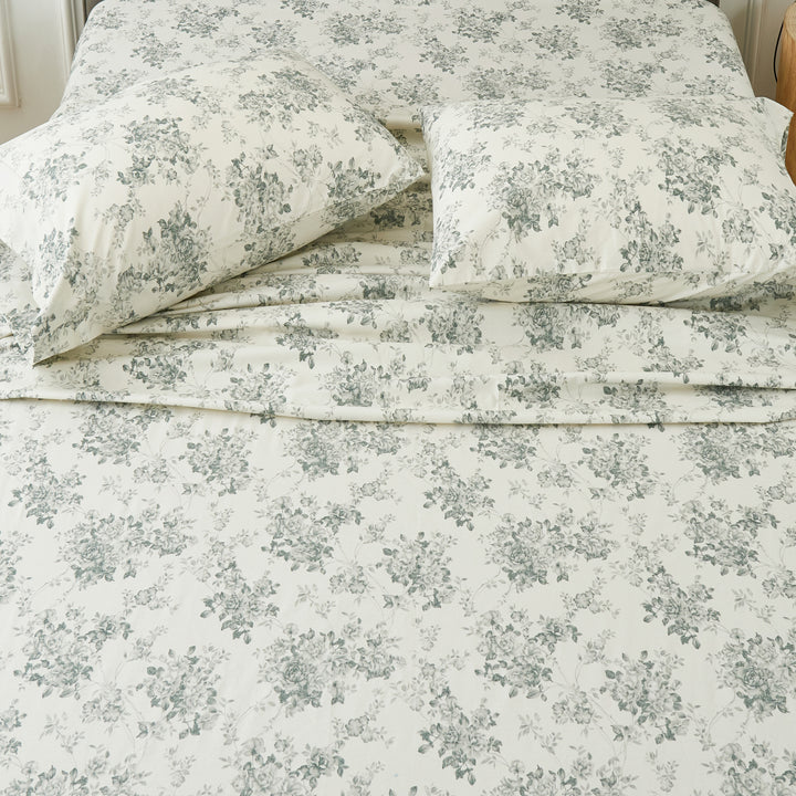 Top-down view of the serene monochromatic pale black rose pattern pure cotton bed sheets - DAUAOTO
