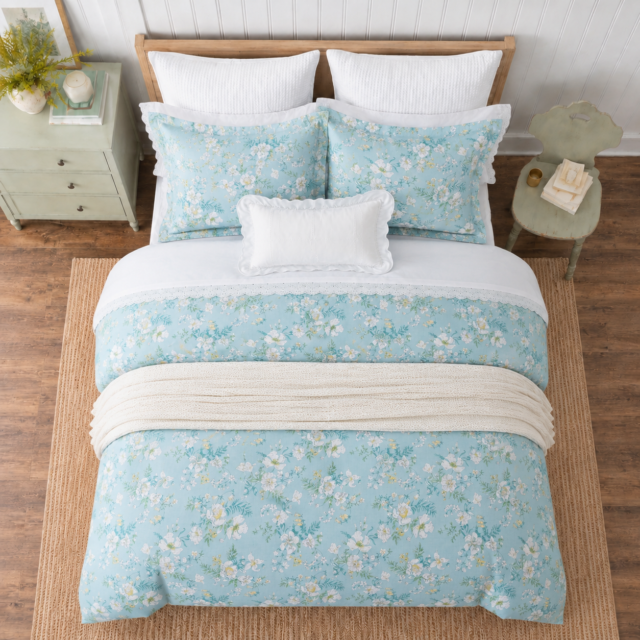 Top-down bird's-eye view of the DAUAOTO clear morning dew 100% cotton floral duvet cover set neatly made.