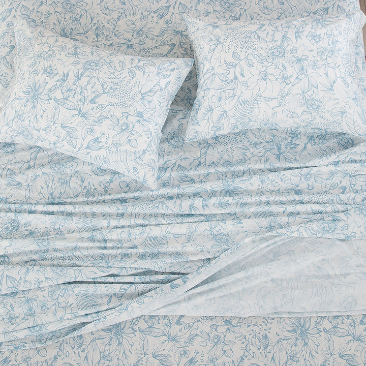 Top-down view of the serene light blue floral vine pattern on a soft off-white ground - DAUAOTO