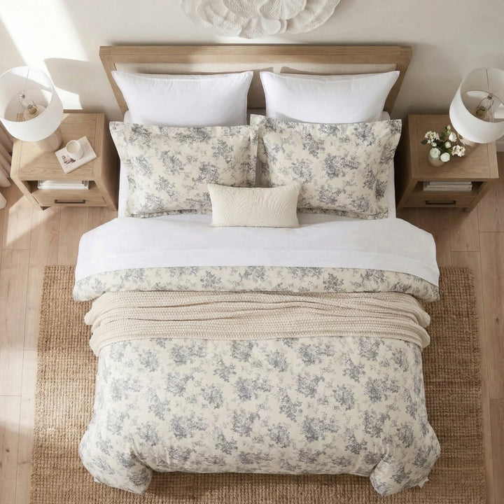Top-down view of the breathable and calming vintage gray rose floral cotton duvet cover set - DAUAOTO