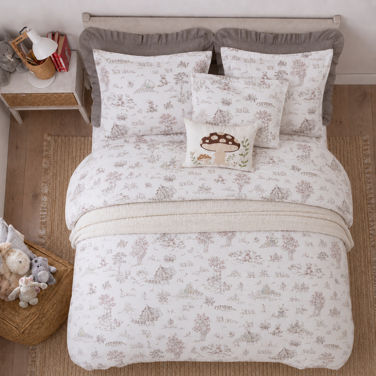 Top-down bird's-eye view of a perfectly made bed featuring the DAUAOTO vintage woodland storybook duvet cover set.