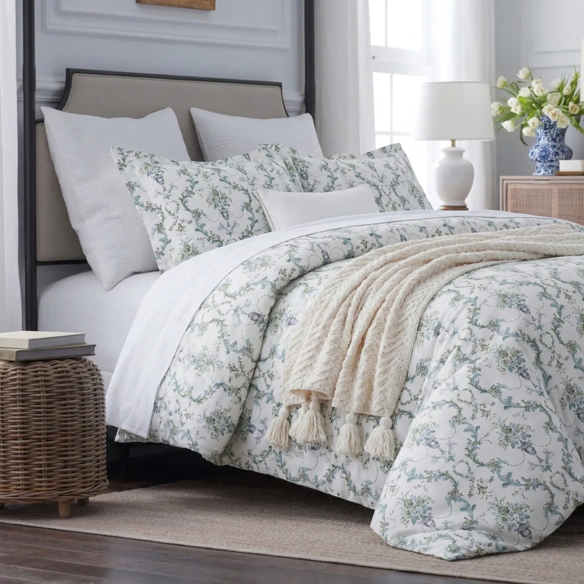 Elegant vintage-inspired bedroom styled with the green botanical vine pure cotton bedding and a cozy throw blanket - DAUAOTO