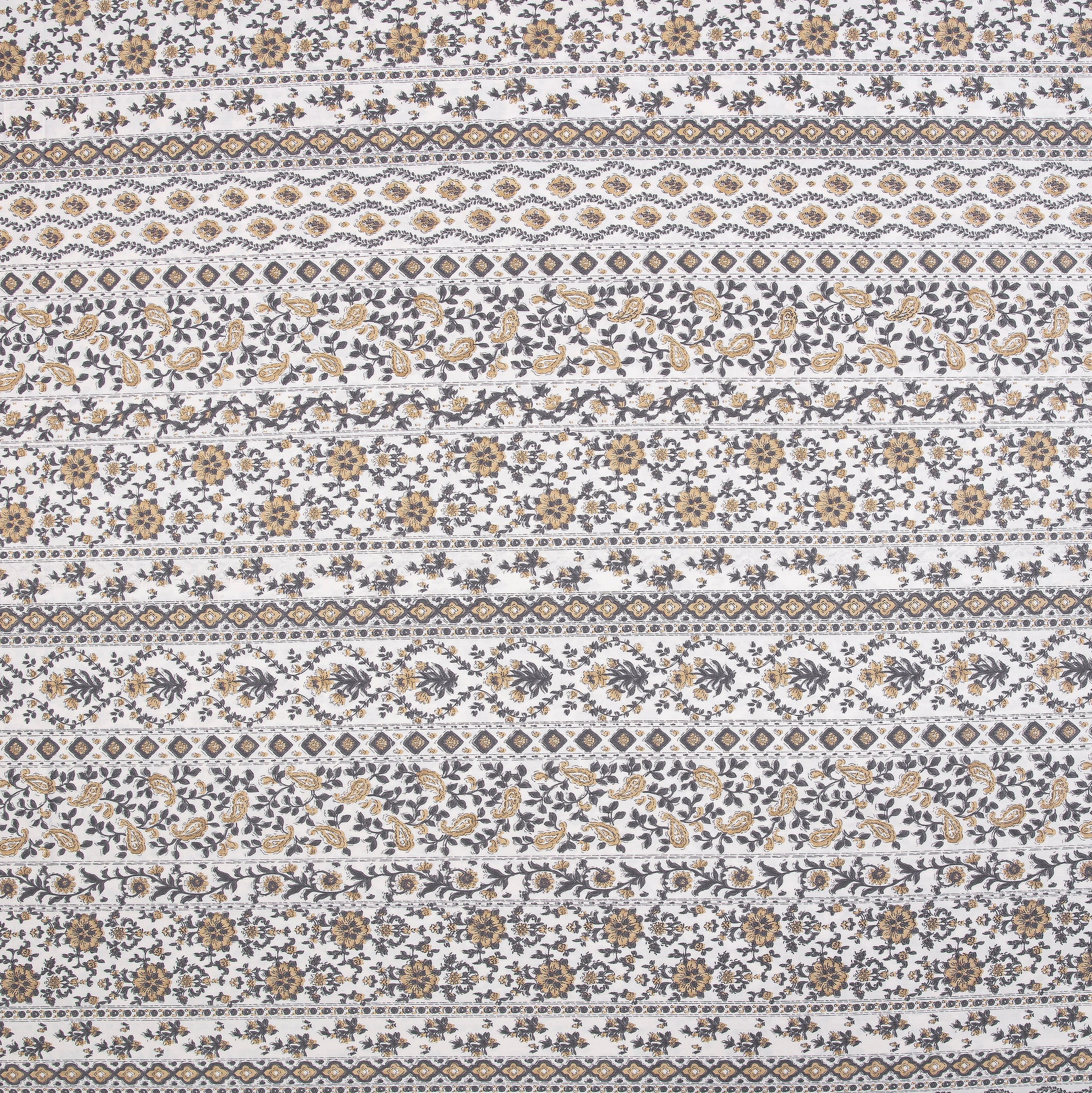 Close-up of DAUAOTO lightweight cotton fabric featuring a traditional block print geometric and floral pattern in mustard yellow and charcoal.