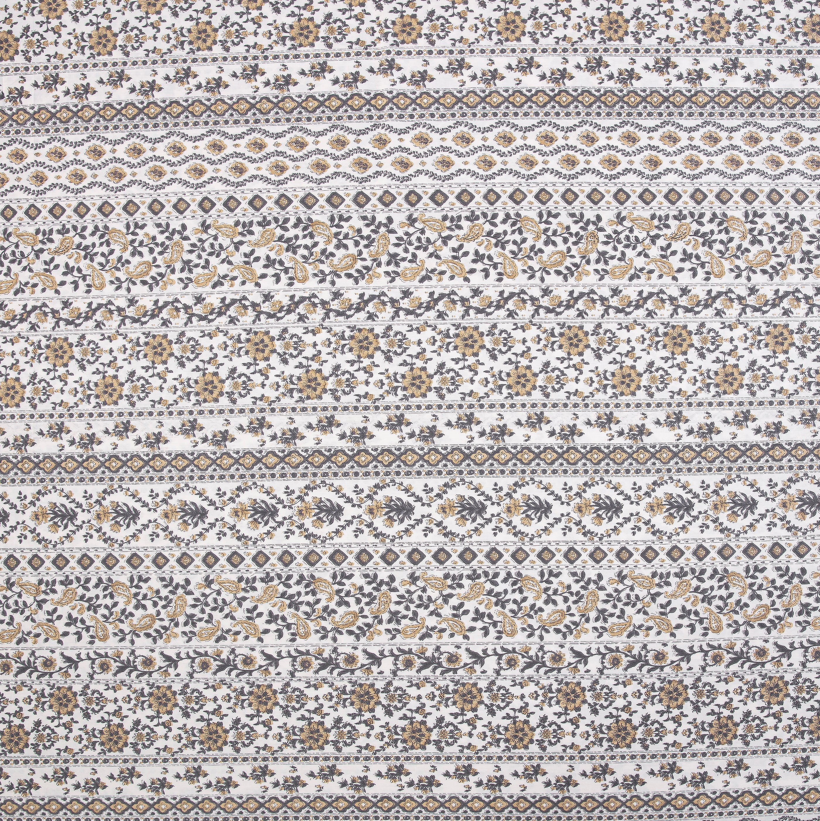Close-up of DAUAOTO lightweight cotton fabric featuring a traditional block print geometric and floral pattern in mustard yellow and charcoal.