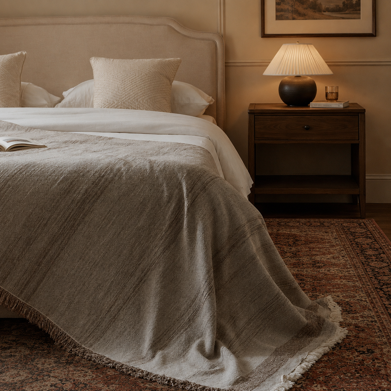 Large warm sand cotton-linen throw used as a summer bedspread showing the structured border.
