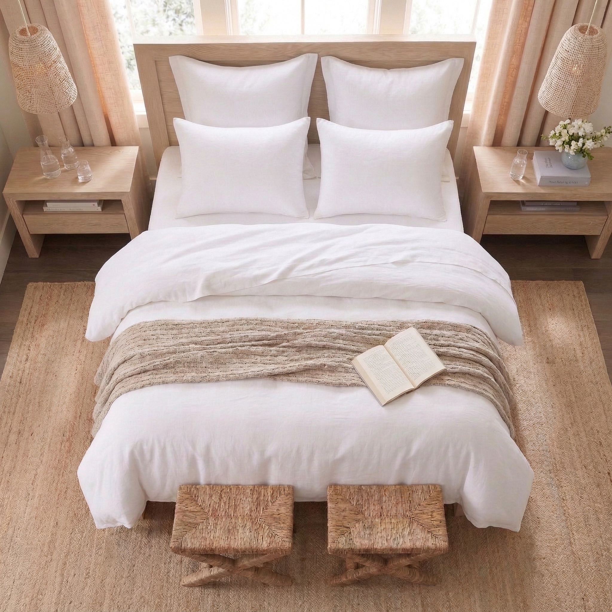 Top-down view of the relaxed luxury solid white linen cotton blend bedding in a serene setting - DAUAOTO