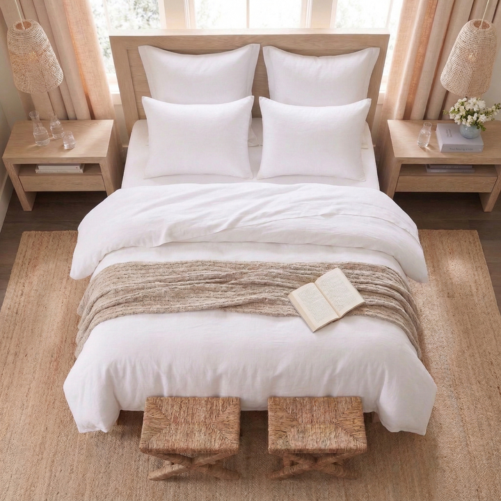 Top-down view of the relaxed luxury solid white linen cotton blend bedding in a serene setting - DAUAOTO