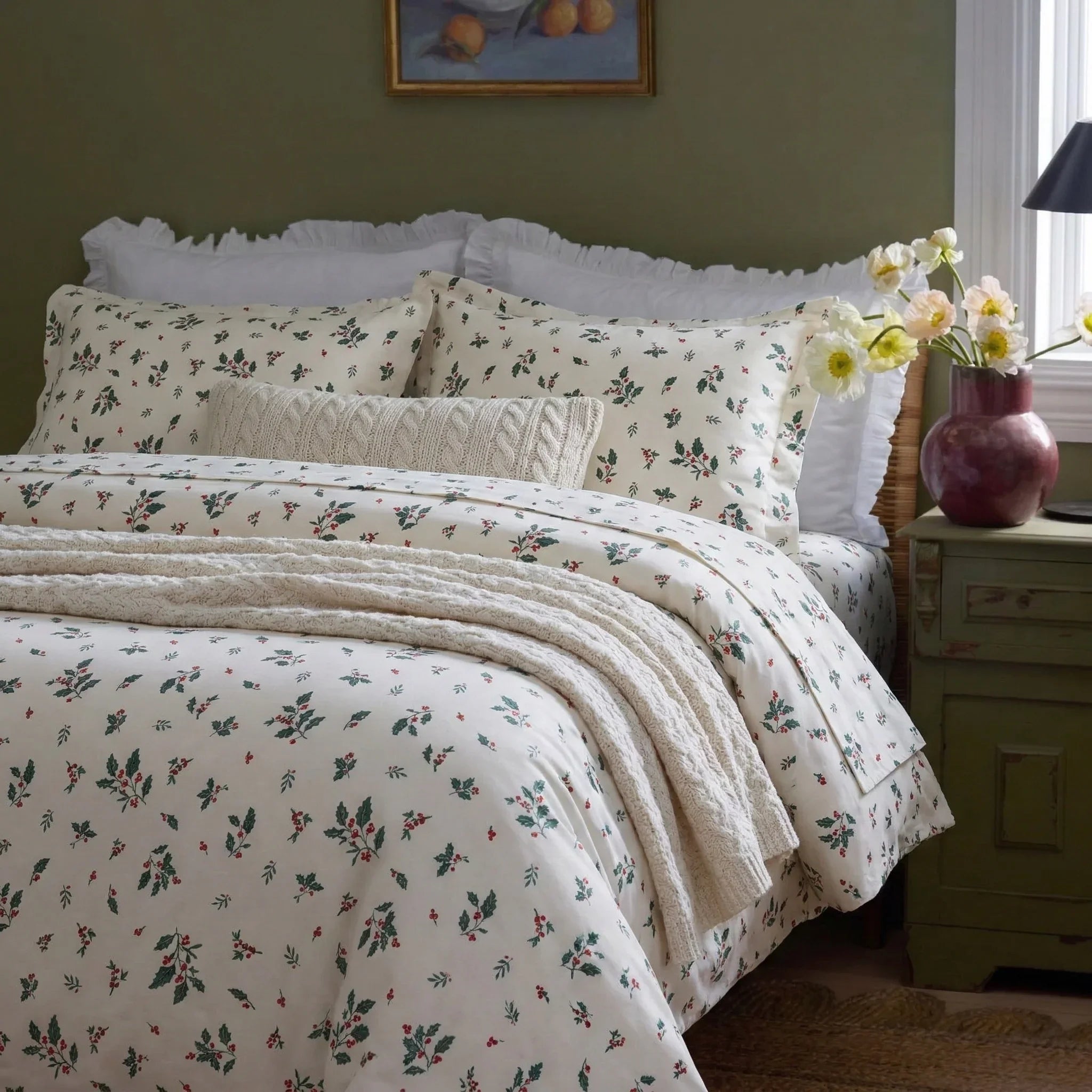 Adding a touch of holiday magic and cozy festive spirit to your bedroom with the ivory holly berry duvet cover - DAUAOTO